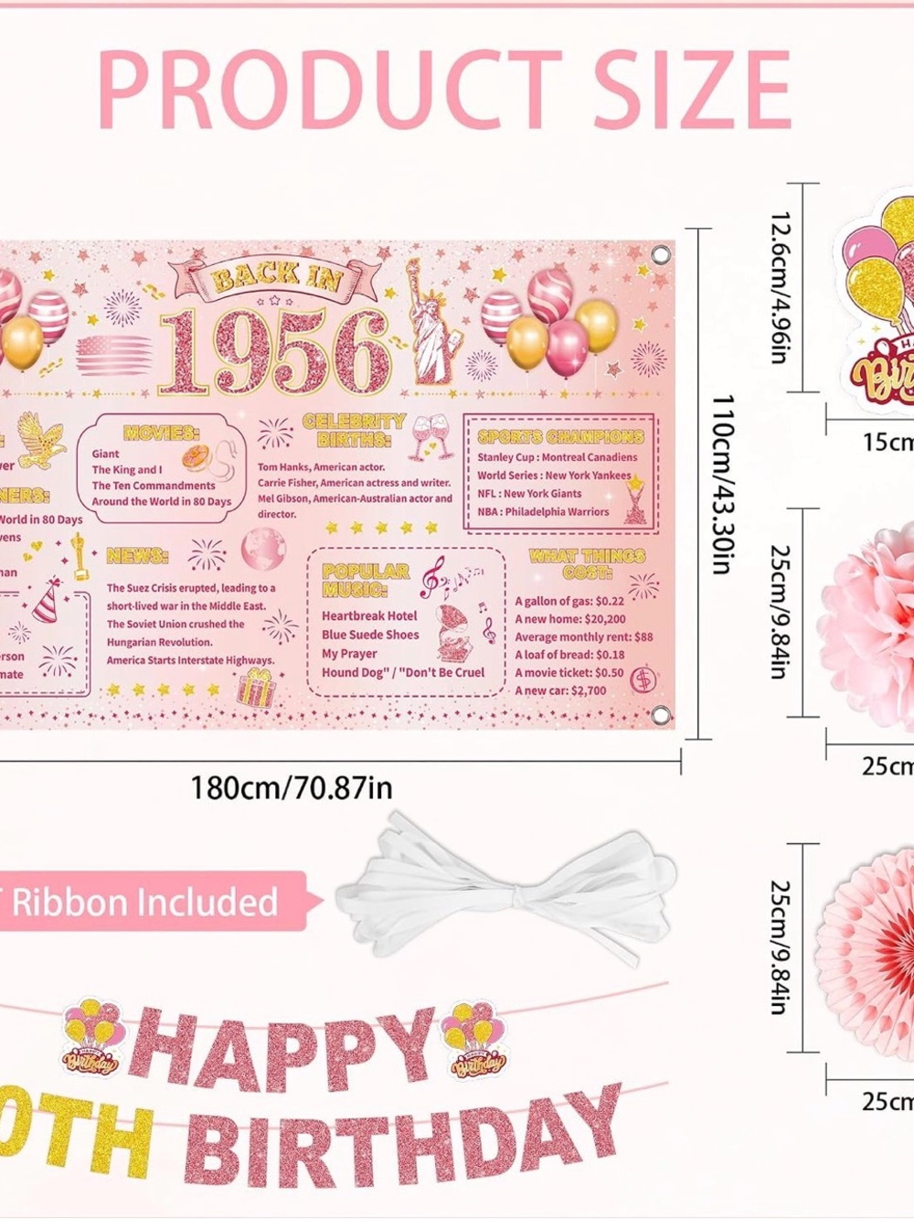 💜24 Pcs 70th Birthday Decorations for Women, Back in 1956 Party Supplies, Pink - Picture 5 of 6